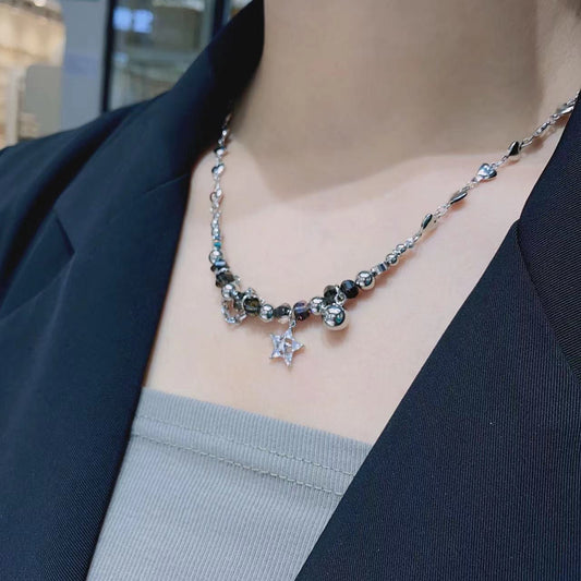 Cool little hand made love chain beads crystal ball chain five pointed star micro diamond necklace personality versatile woman