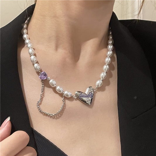 French baroque niche design love pendant necklace net red temperament tassel purple zircon clavicle chain