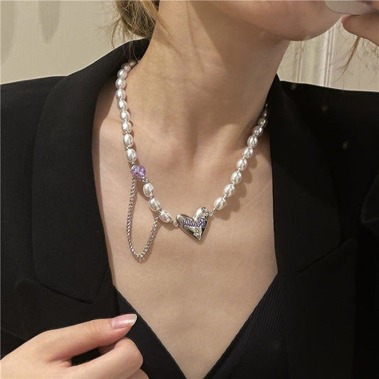 French baroque niche design love pendant necklace net red temperament tassel purple zircon clavicle chain
