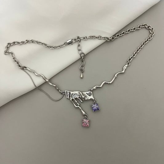 Original Purple Light Night y2k Small Necklace Sweet Cool Design Purple Zircon Lava Metal Necklace Purple Pink Zircon