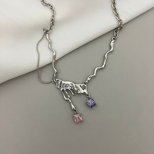 Original Purple Light Night y2k Small Necklace Sweet Cool Design Purple Zircon Lava Metal Necklace Purple Pink Zircon