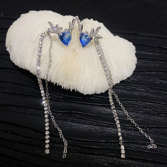 New diamond inlaid antler blue love diamond ear clip female long tassel earring ear bone clip
