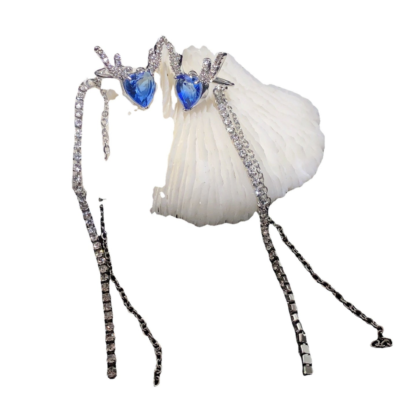 New diamond inlaid antler blue love diamond ear clip female long tassel earring ear bone clip