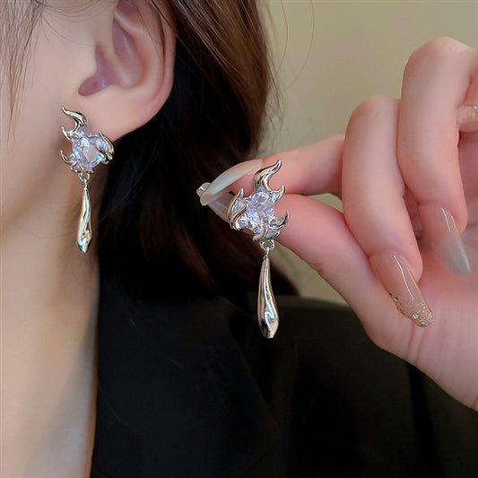 Silver Needle Zircon Love Flame Earrings South Korea Cool Style Earrings Personality Design Earrings Temperament Versatile Earrings Female