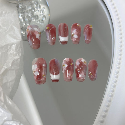 Wearing nail by hand, short body water embellishment, hand-painted flower pattern, daily whitening, students and pregnant women can wear fake nail pieces
