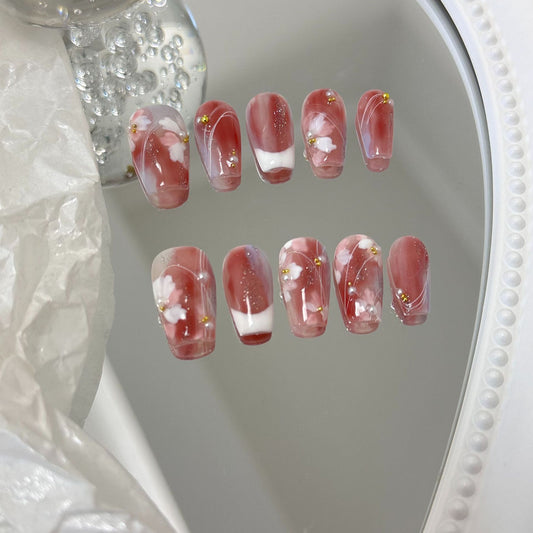 Wearing nail by hand, short body water embellishment, hand-painted flower pattern, daily whitening, students and pregnant women can wear fake nail pieces