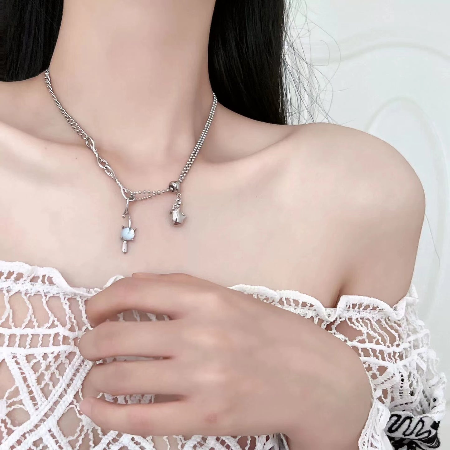 Blue Diamond Tassel Moonstone Necklace
