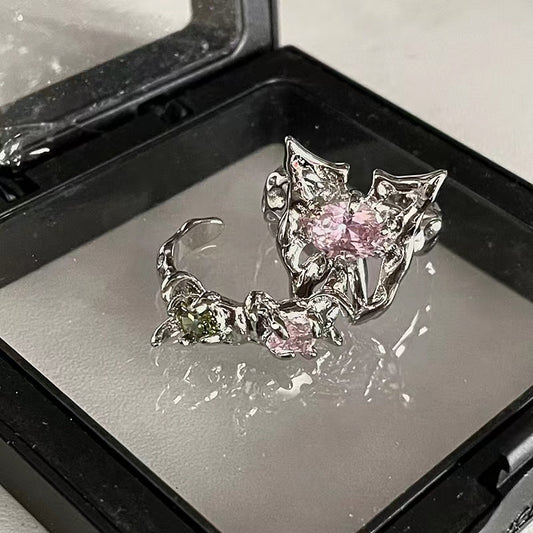 Niche original design high sense butterfly with diamonds pink zirconia open ring