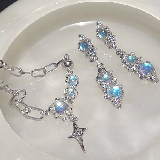 Moonlight necklace cross earrings set 925 silver pin lunar eclipse collarbone chain silver stones