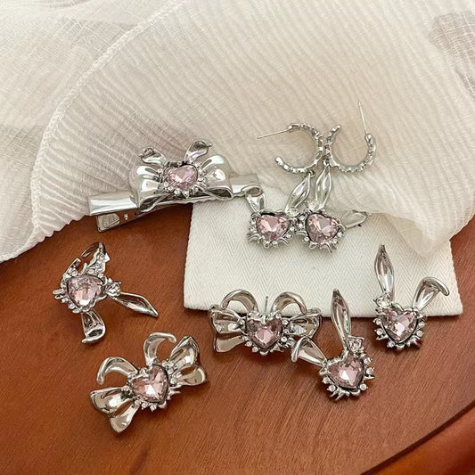 Silver needle bunny series cartoon cute love zirconia earrings earrings female with the same hairpin playful ring