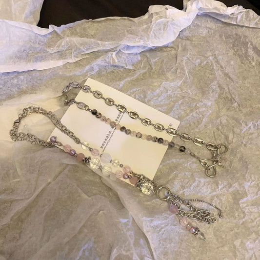 Double chain thorny gray tourmaline hip hop necklace