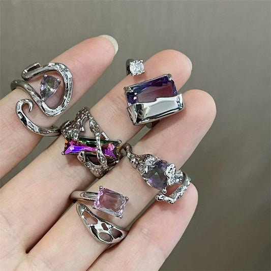 Gradient color zirconia open ring couple ring men and women ins hip cool niche design index finger ring