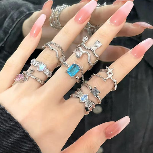 Wholesale niche design sense women's ring senior ins cold wind set diamond zircon chain French open index finger ring
