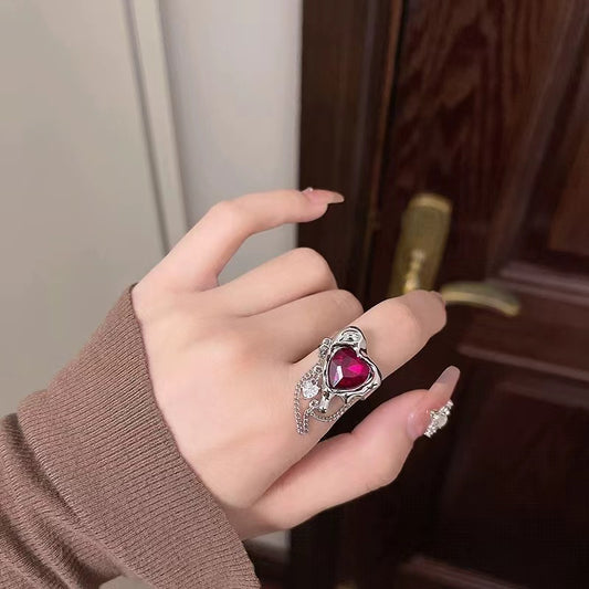 Niche design dark lava love ruby tassel ring female sweet cool tide