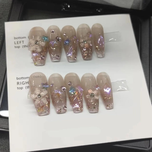 Handmade wear nail finished nail piece burst three-dimensional small flower aurora diamond wear nail can be removed removable