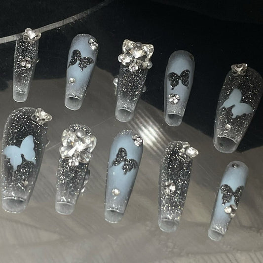 Hollow broken diamond black and blue butterfly handmade nails