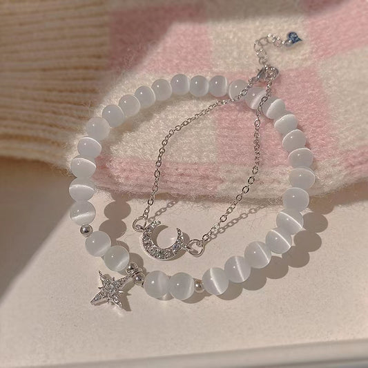 Cat's eye stone and diamond star and moon couple bracelet