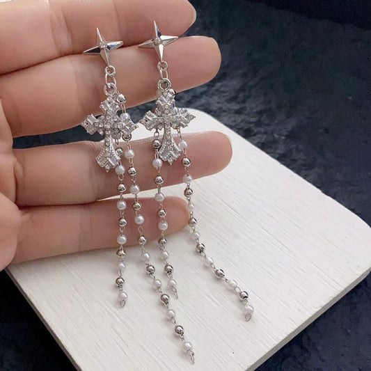 Diamond cross pearl chain beads minimalist tassel long earrings