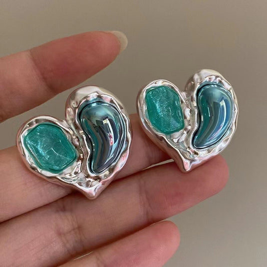 Crystal clear green love heart silver ear exaggerated earrings