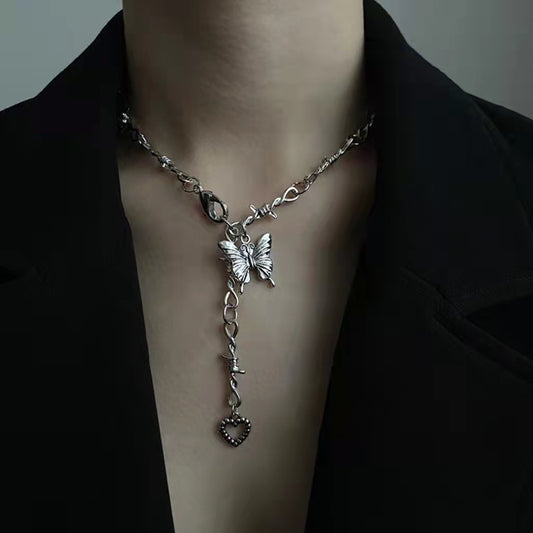 Grey thorn butterfly love pendant necklace