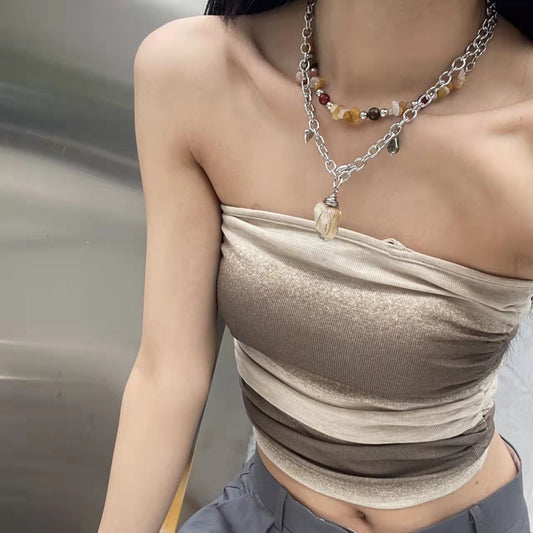 Double stacked natural crystal ethnic style beaded necklace
