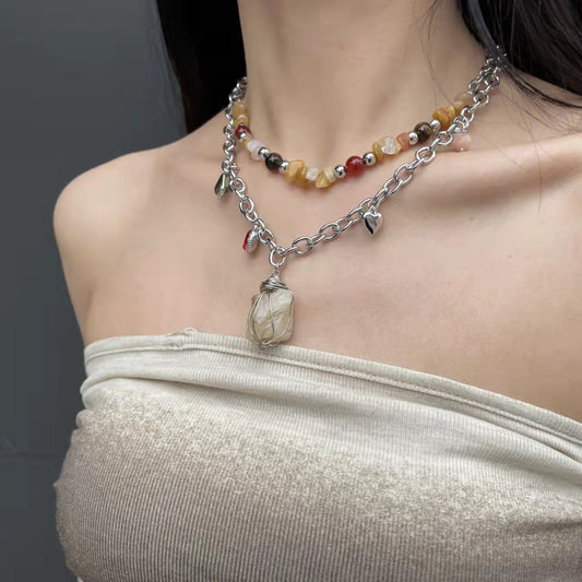 Double stacked natural crystal ethnic style beaded necklace