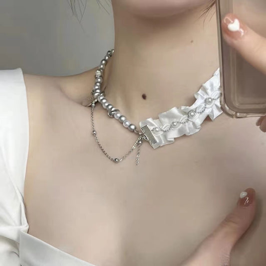 Original three ways to wear design pleated stitching light luxury love clavicle chain choker necklace