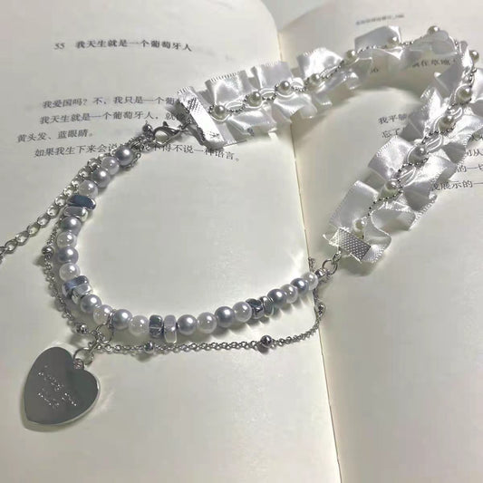 Original three ways to wear design pleated stitching light luxury love clavicle chain choker necklace