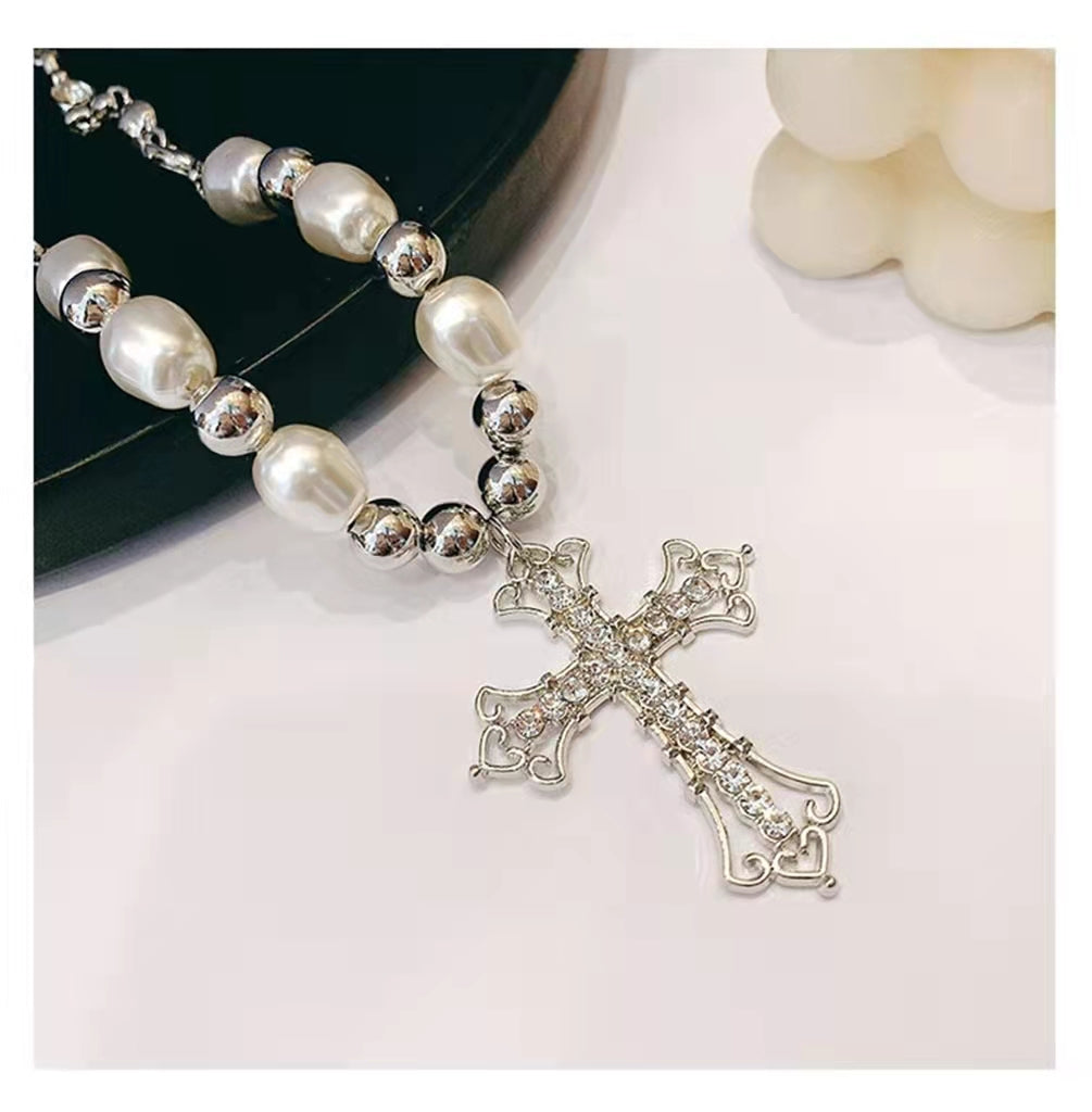 Cross pearl sweet cool hot girl necklace