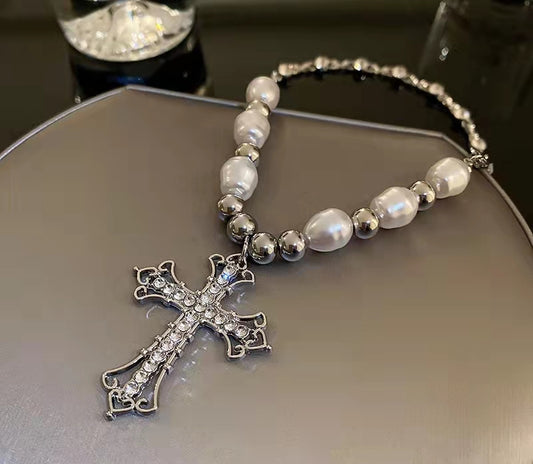 Cross pearl sweet cool hot girl necklace