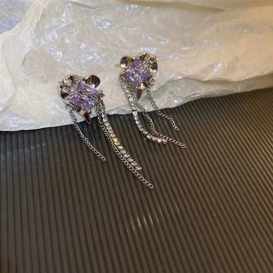 Silver pin ruffled geometric tassel earrings with diamonds
