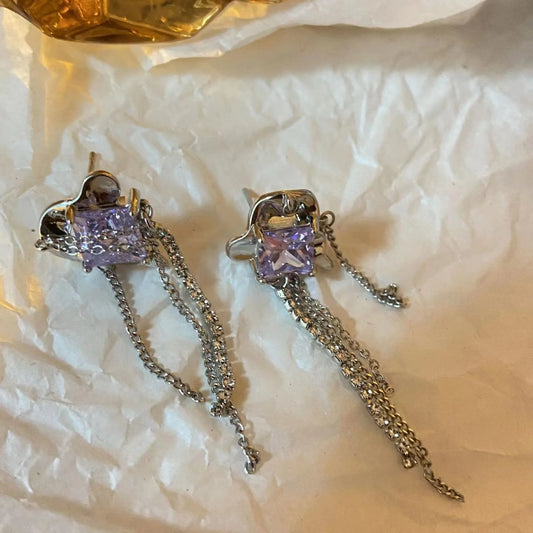 Silver pin ruffled geometric tassel earrings with diamonds