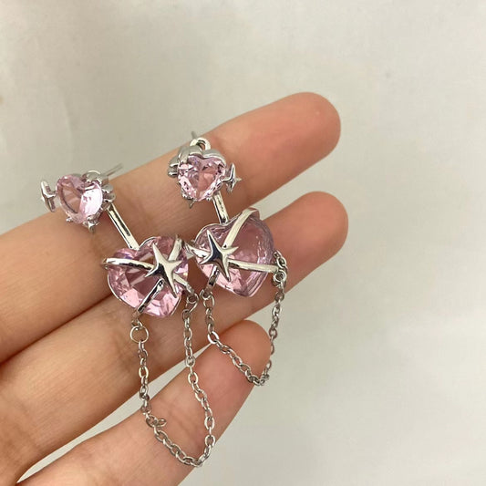 Four star zircon pink love chain Tassel Earrings