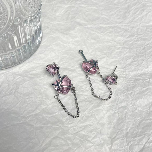Four star zircon pink love chain Tassel Earrings