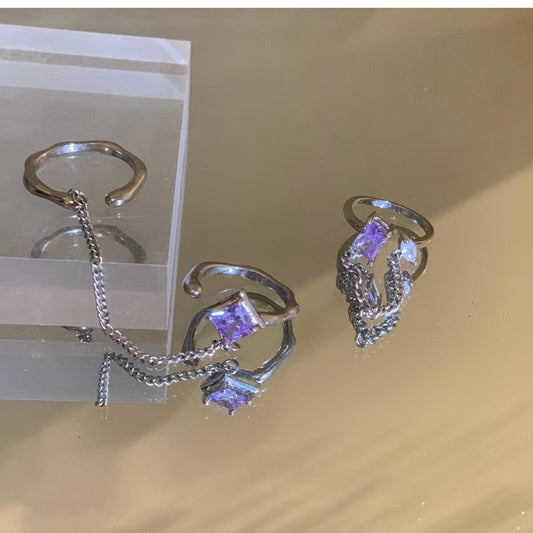 Purple diamond chain tassel ring with light luxury and high quality