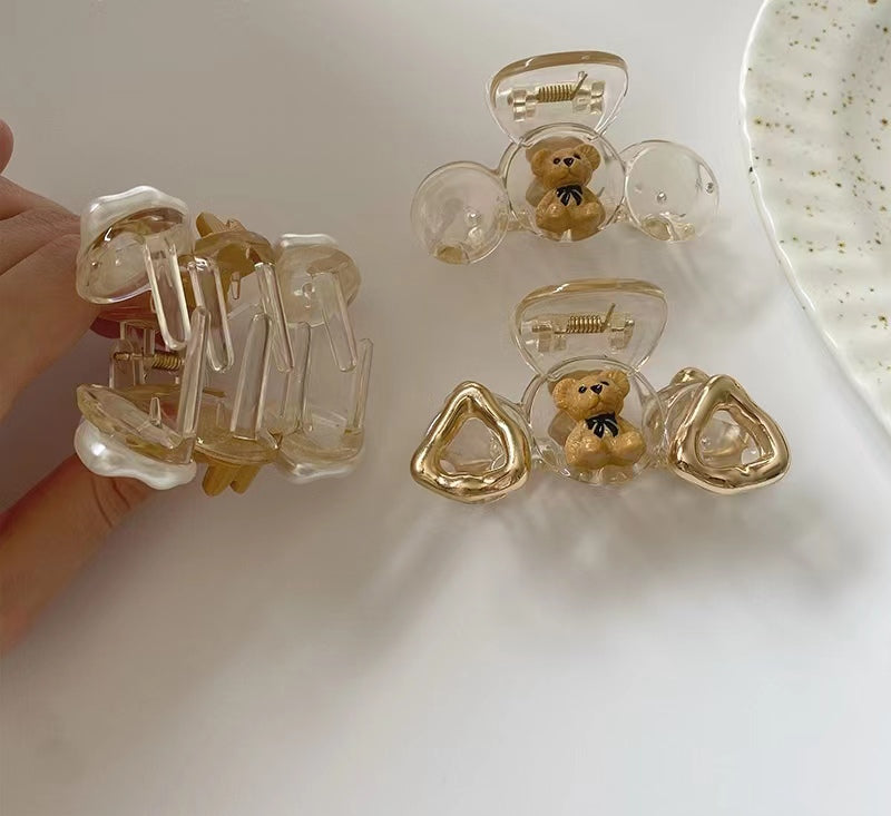 "Little bear champagne clip" transparent cute girl back head clip hair clip shark clip