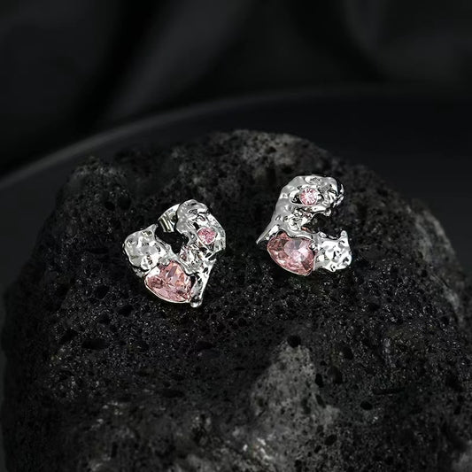 Love earrings female irregular personality ruffle texture pink zirconia earrings ins sweet cool spicy girl hundred match earrings
