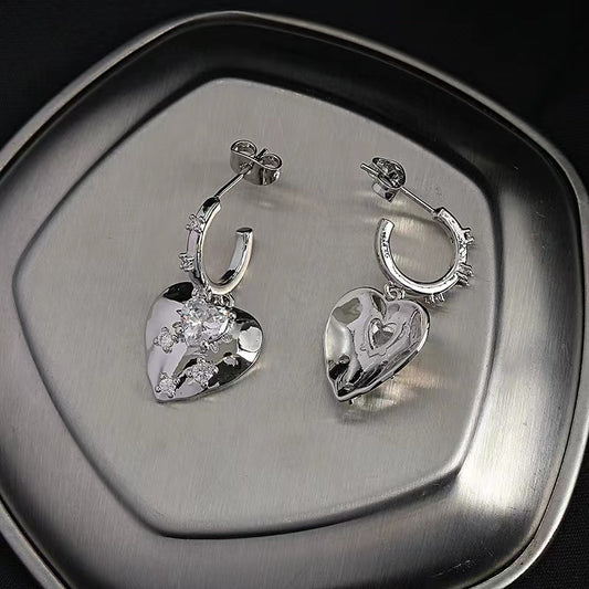 Love earrings female ins personality Netflix same paragraph sweet cool metal silver zirconia earrings Korean senior sense earrings