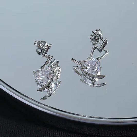 Love zircon earrings female ins niche design sense personality fashion 925 silver needle earrings sweet cool senior sense earrings