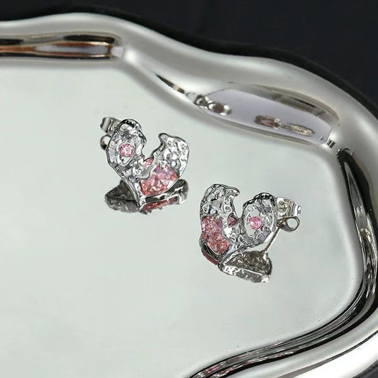 Love earrings female irregular personality ruffle texture pink zirconia earrings ins sweet cool spicy girl hundred match earrings