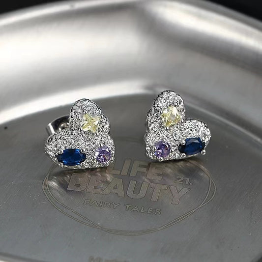Love earrings female ins cold wind geometry colored zircon 925 silver needle earrings Korea 2022 new earrings