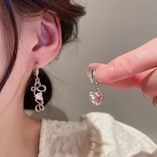 Asymmetric pink zircon heart earrings, niche design, personalized earrings, Fashion Earrings