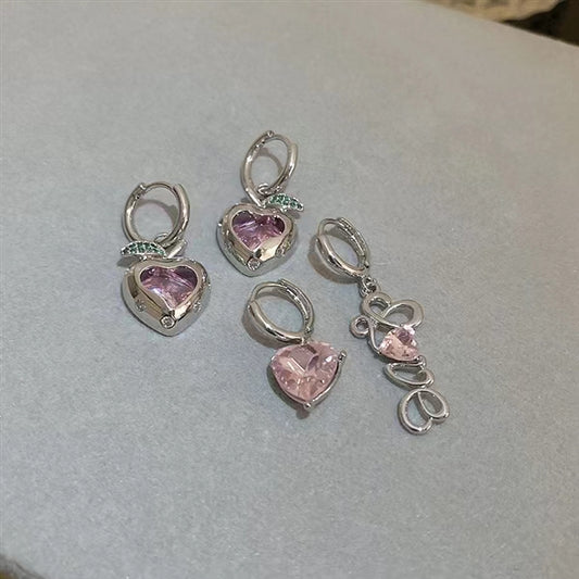 Asymmetric pink zircon heart earrings, niche design, personalized earrings, Fashion Earrings