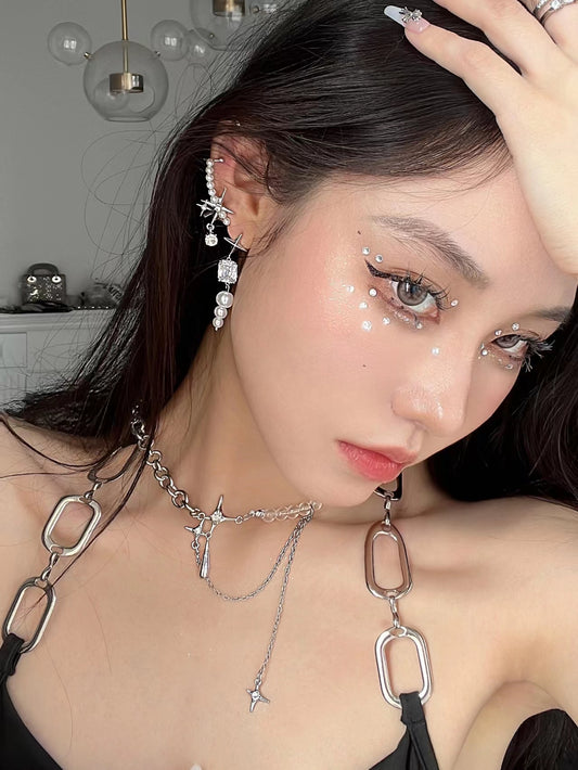 Pearl earrings, ear bone clip, one-piece star shaped design, flash diamond, high-grade sense, earrings with diamond personality