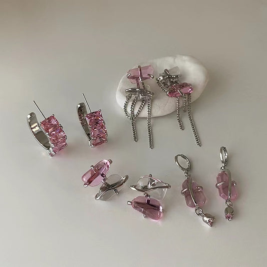 Super FAIRY PINK zircon irregular metal Tassel Earrings female personality versatile temperament Fashion Earrings