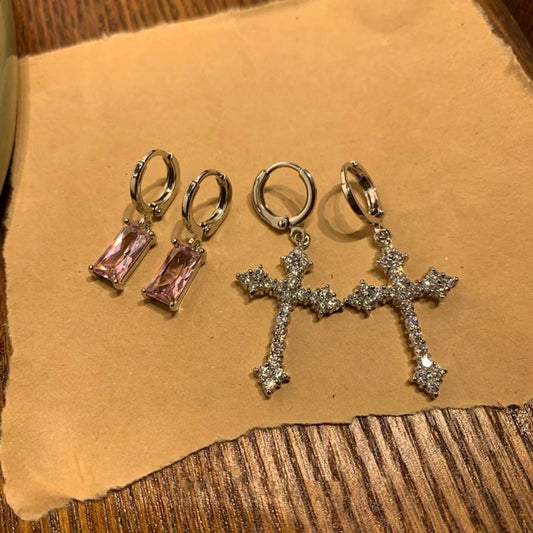 Y2K millennial Spice Girls flash Diamond Cross Earrings, Pink Earrings, fashionable