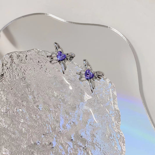 Purple zircon love Bow Earrings female high-grade light luxury sweet cool metal Earrings