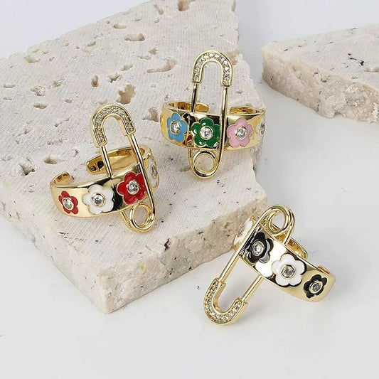 Open mouth ring female European and American pop niche design senior sense drip oil flowers fashion personality tide adjustable