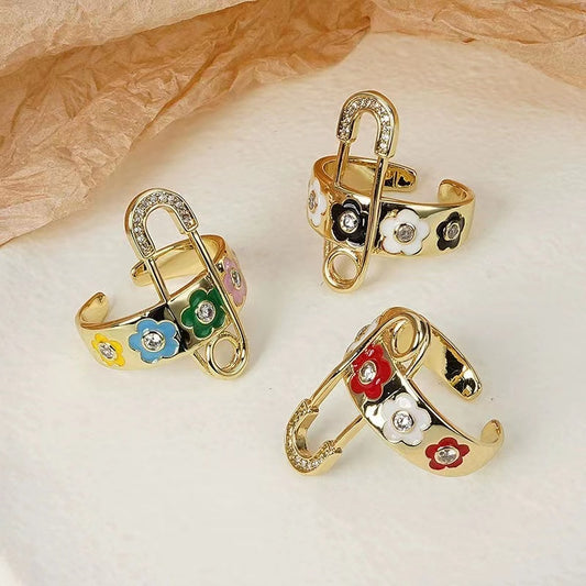 Open mouth ring female European and American pop niche design senior sense drip oil flowers fashion personality tide adjustable