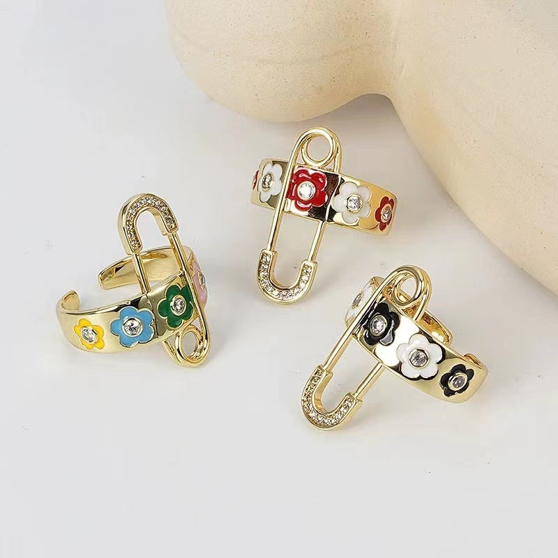 Open mouth ring female European and American pop niche design senior sense drip oil flowers fashion personality tide adjustable